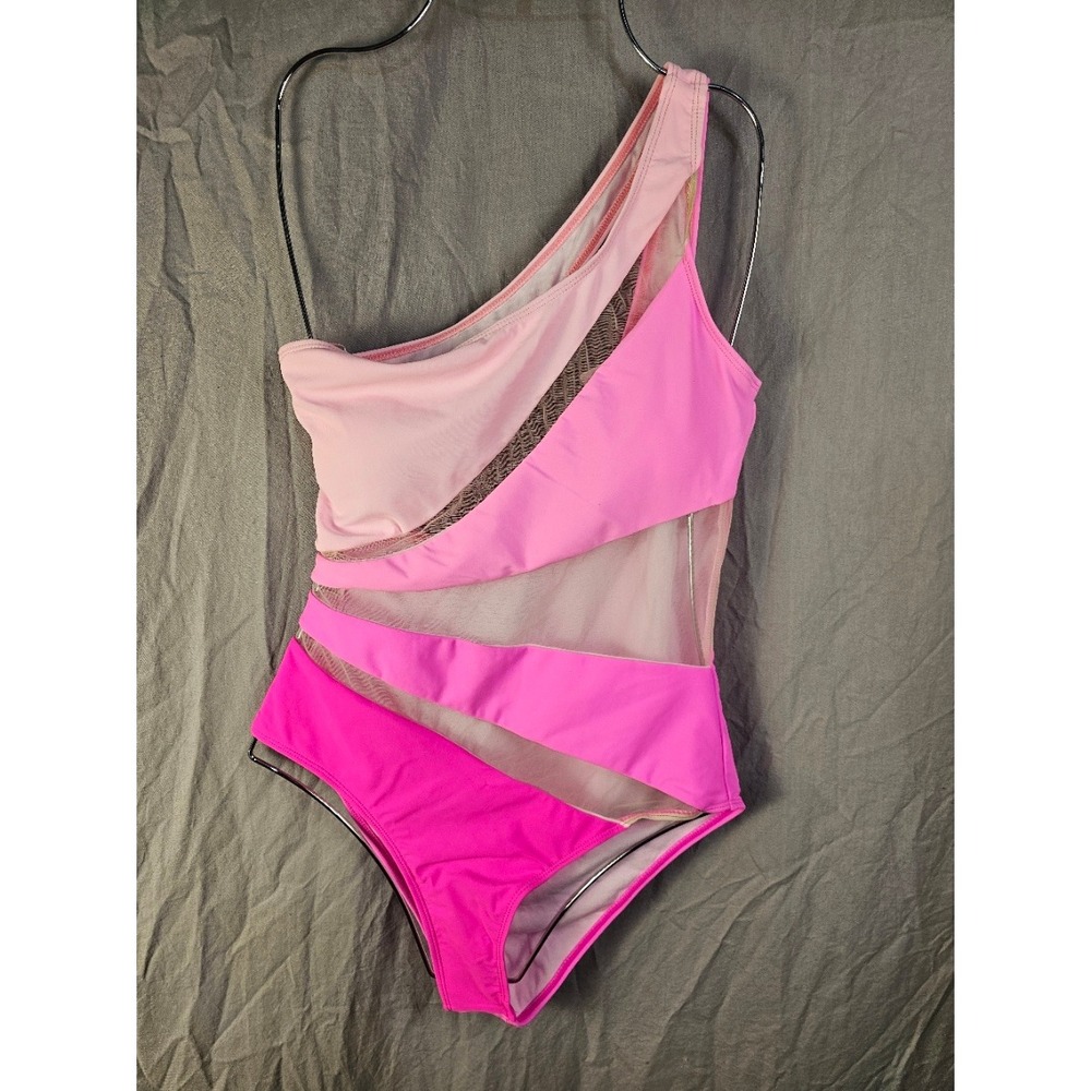 Swmmer Liket Pink Colorblock One Shoulder Mesh Cutout One Piece Swimsuit Small